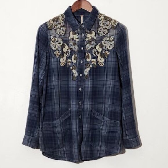 Free People Stevie's Embellished Blue Gray S Plaid Button Down Flannel Pockets - Picture 1 of 5